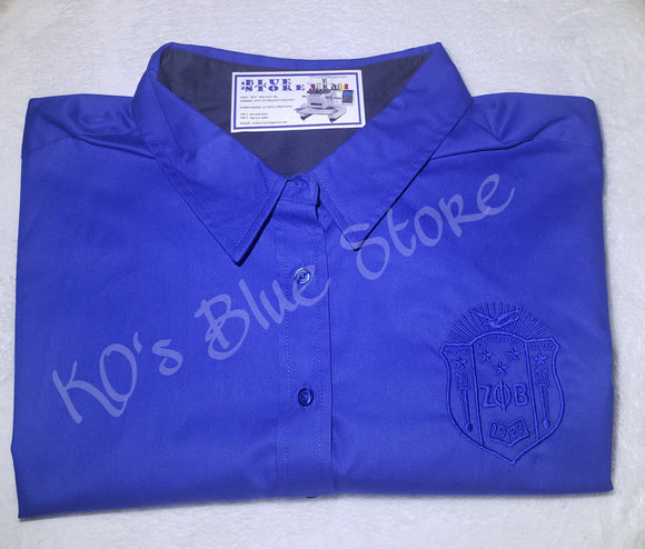 Zeta Phi Beta Sorority Long Sleeve Button-down Shirt w/ Royal Blue Shield